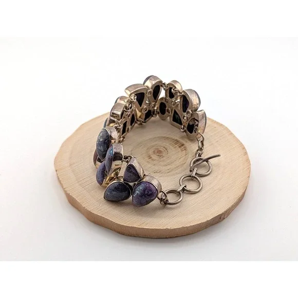 Vintage Bracelet Heavy Silver Statement Jewelry Art Deco Purp Turq sz ADJ *** - Picture 8 of 12